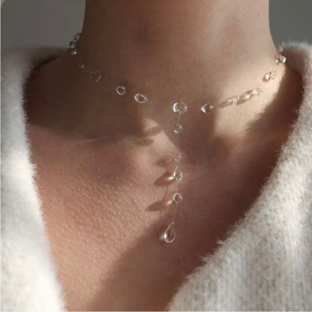 Delicate Clear Bead Drop Choker Necklace